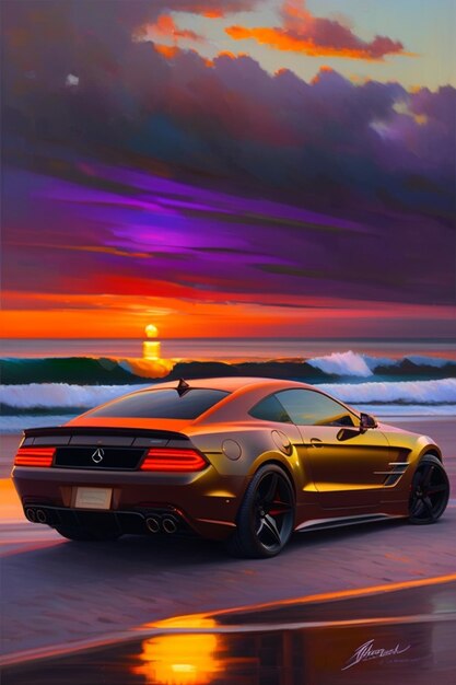 Golden Mercedes on beach with beautiful sun set scene