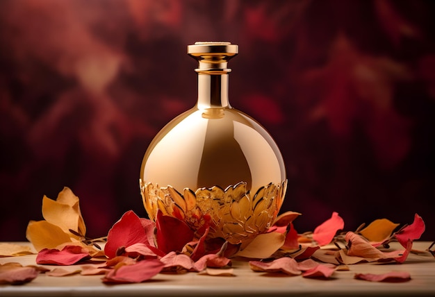 Golden Metal Bottle with Autumn Leaves and Sprinkled Rose Petals