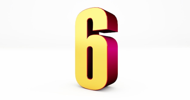 Golden metallic alphabet, 3D render of the number six as a polished golden object isolated on white background