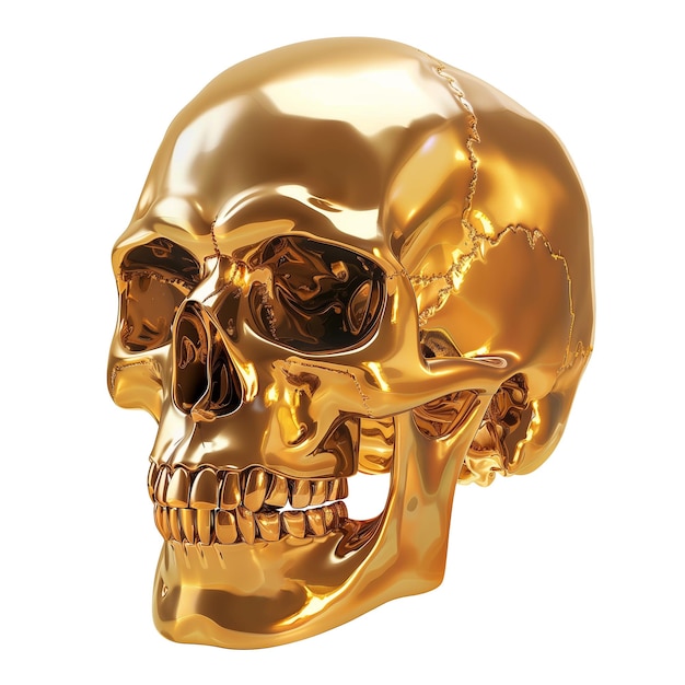 Golden metallic human skull isolated on white luxury Halloween decoration transparent background