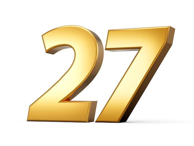 Golden metallic Number 27 twenty Seven White background 3d illustration