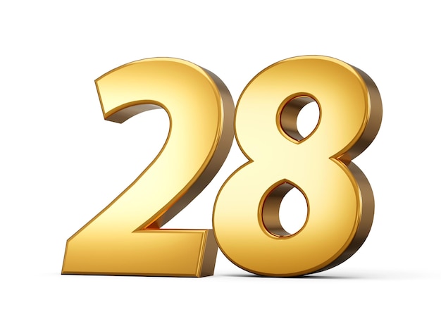 Golden metallic Number 28 twenty eight White background 3d illustration