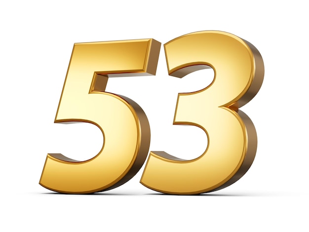 Golden metallic Number 53 Fifty three White background 3d illustration