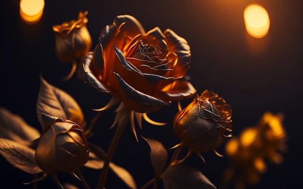 Golden metallic roses in a dark background