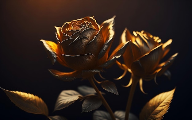 Golden metallic roses in a dark background