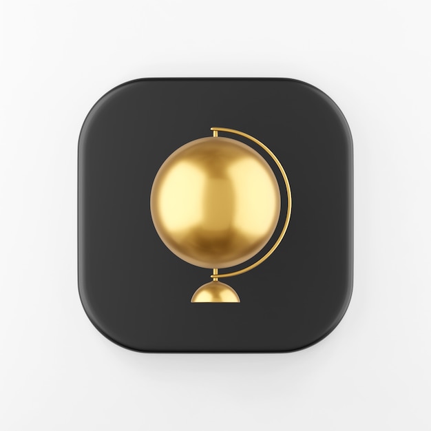 Golden minimalistic globe icon in cartoon style. 3d rendering black square button key, interface ui ux element.