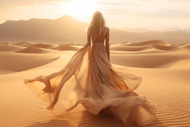 Golden Mirage Blonde Wanderer in Flowing Gown Amidst Sahara's Whispering Sands