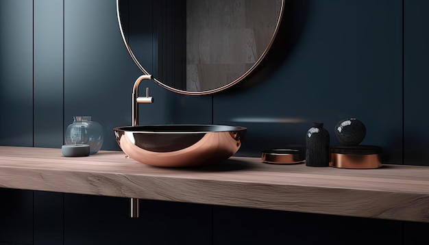 A golden mirror and round sink are juxtaposed with a wooden surface and black vanity