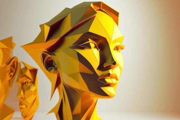 A golden model of a woman with a face made of triangles.