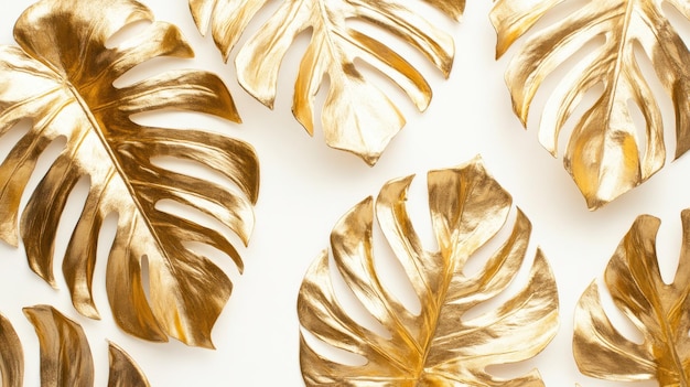 Photo golden monstera leaves arrangement on white background