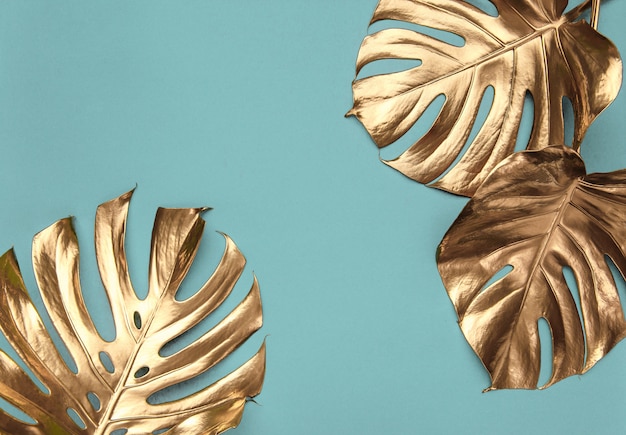 golden monstera leaves on light turquoise background