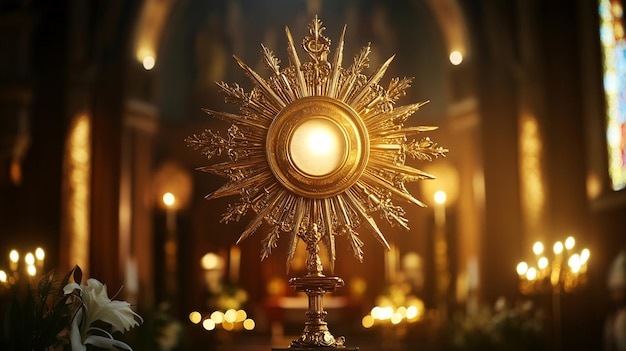 Photo golden monstrance standing on altar in church during eucharistic adoration