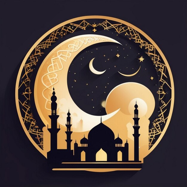 Photo a golden moon with blinking stars and mosques in a light background specially for ramadan and eid