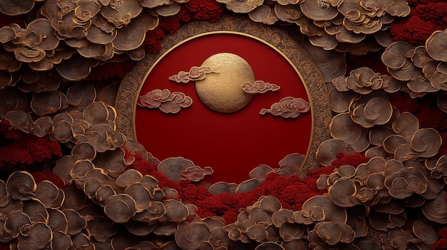 Golden Moon with Clouds and Red Flowers