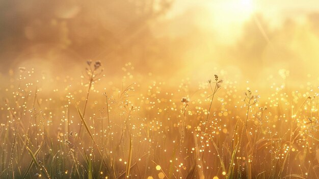 Photo golden morning sunlight on dewy grass landscape