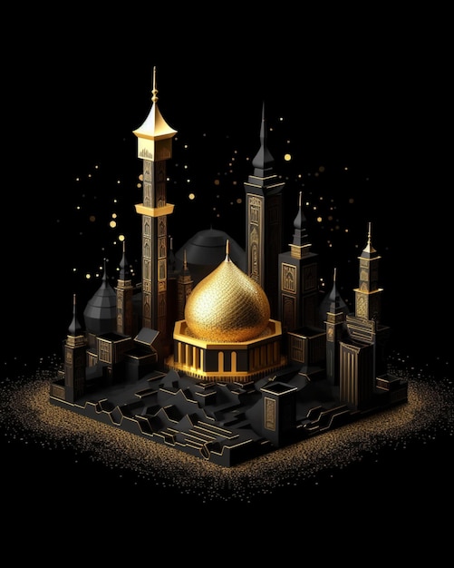 Golden mosque on black dark background