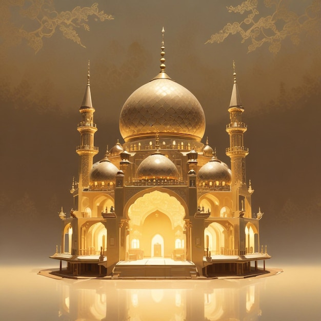 a golden mosque building with a reflection of a building in the middle with luxury feel