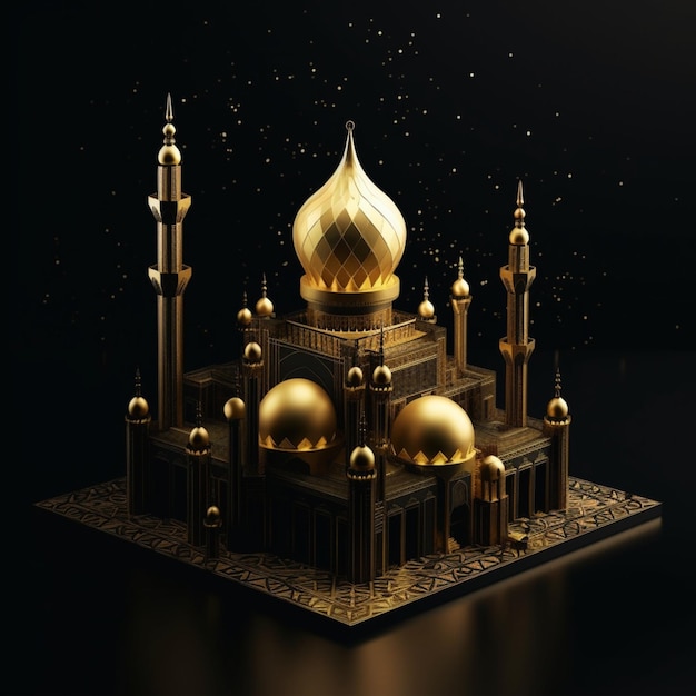 Golden mosque on dark black background