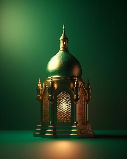 Golden mosque lantern on green background