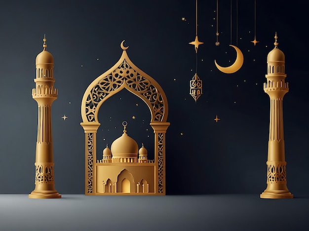 a golden mosque with a blue background and a moon and stars