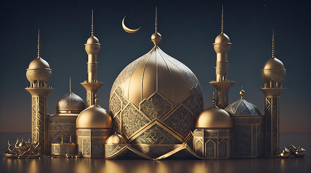 A golden mosque with a crescent moon in the background