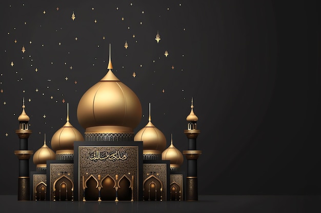 Golden mosque with crescent moon and stars illustration Arabic Eid Mubarak Background