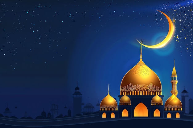 Golden mosque with crescent moon and stars illustration Arabic Eid Mubarak Background