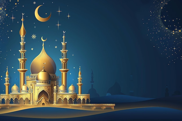 Golden mosque with crescent moon and stars illustration Arabic Eid Mubarak Background