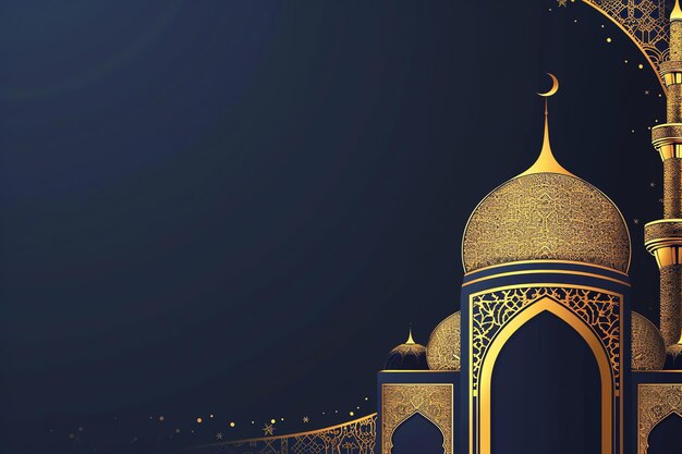 Golden mosque with crescent moon and stars illustration Arabic Eid Mubarak Background