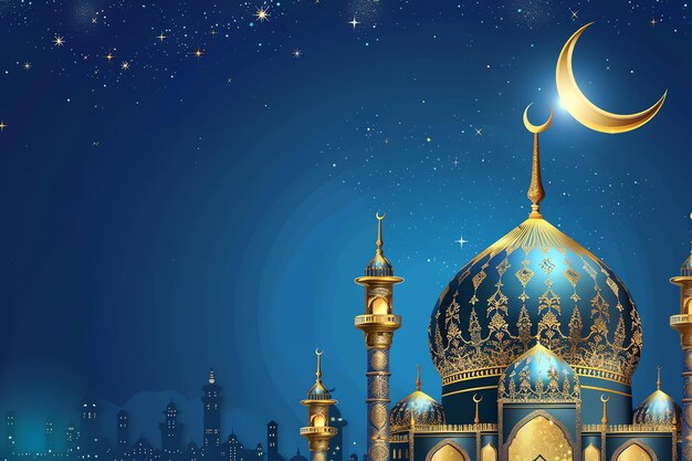 Golden mosque with crescent moon and stars illustration Arabic Eid Mubarak Background