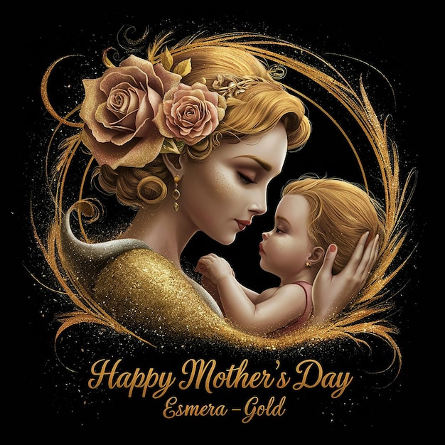 Golden Mother and Child Embrace Happy Mothers day