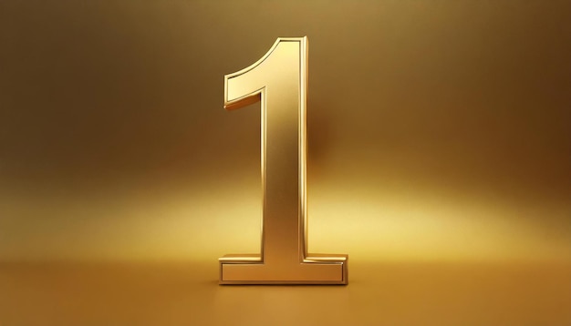 Golden number 1 on golden background with gradient and copy space 3D rendering