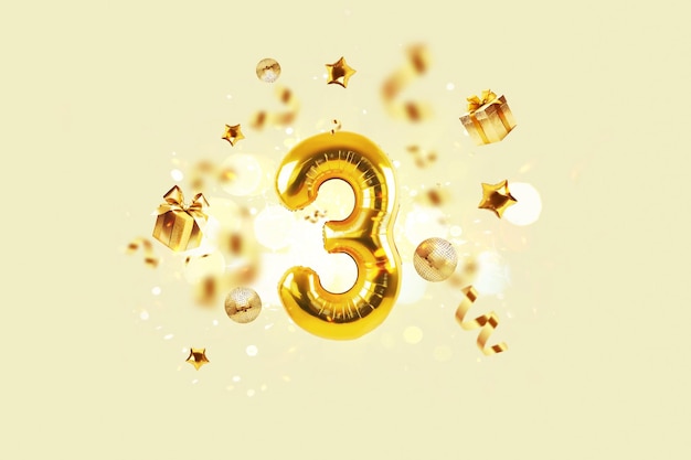 Golden number 3 is flying with golden confetti gifts mirror ball and stars balloons on a beige background with bokeh lights and sparks creative idea Winner and third place concept