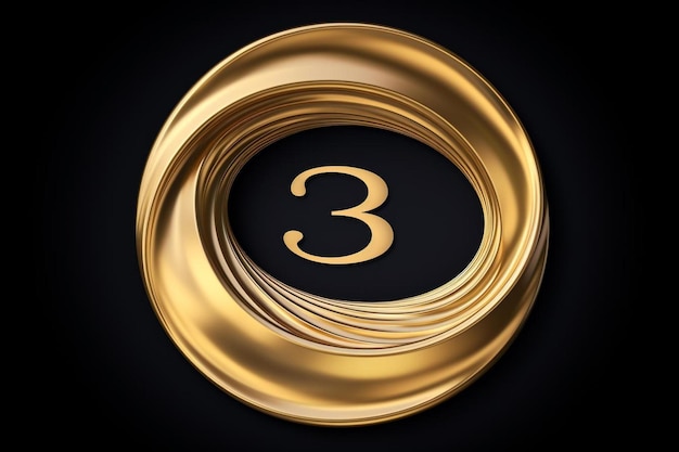 Photo a golden number three in a circle on a black background