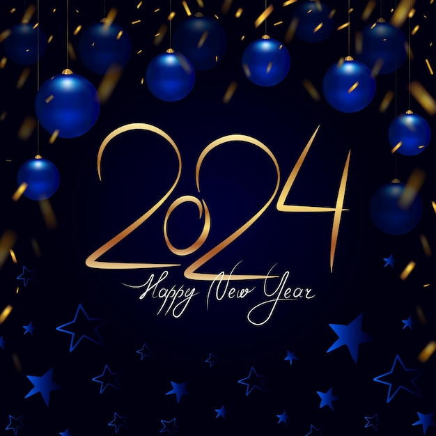 Golden numbers 2024 on a dark blue background with Christmas balls and stars