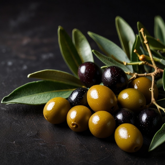 Golden olive branch with black olives on dark background AI Generated