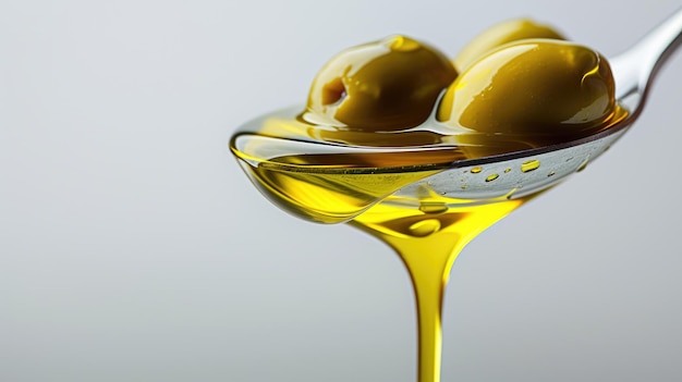 Golden Olive Oil Pouring onto Olives on a Spoon