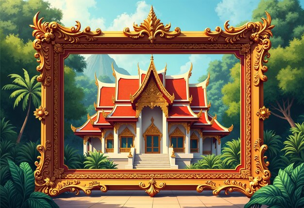 A golden ornate frame with intricate Khmerstyle architectural details featuring pointed roofs and