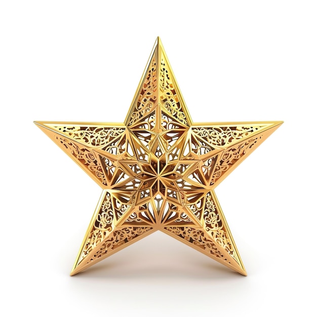 Golden ornate star with intricate design and patterns on a white background