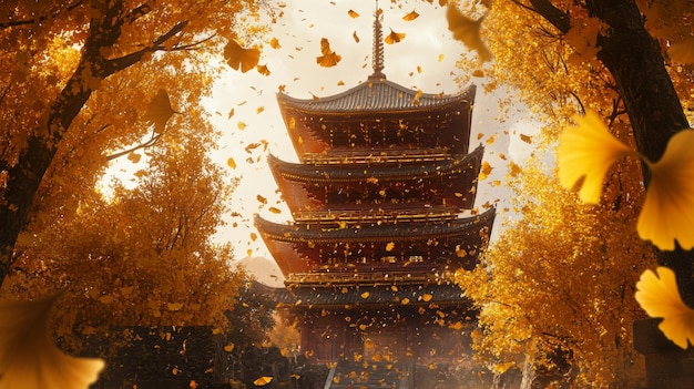 Golden Pagoda Amidst Falling Autumn Leaves