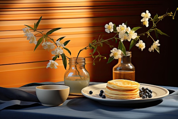 Golden pancake with blueberries in welcoming kitchen generative IA