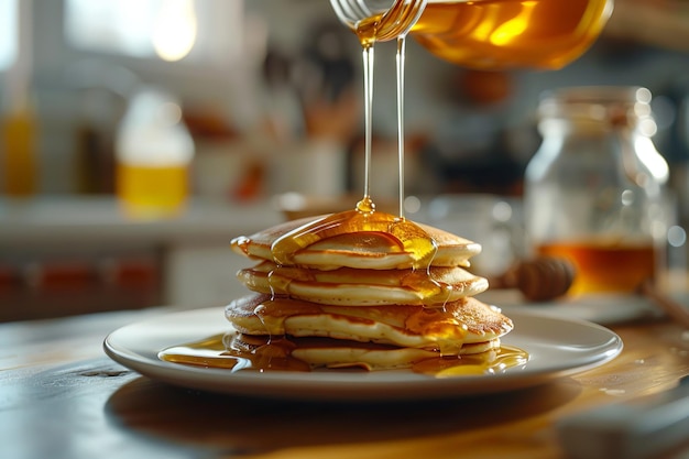 Golden Pancakes Drizzled with Maple Syrup