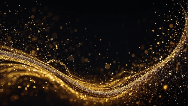 Golden particles form into a wave shape against a black back ground