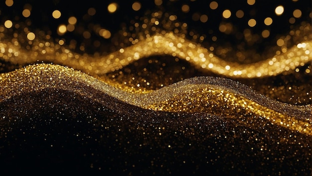 Golden particles form into a wave shape against a black back ground