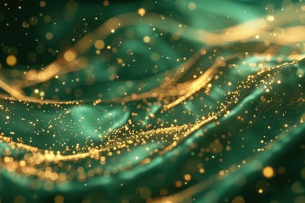 Golden particles in green liquid with depth and iridescent backdrop