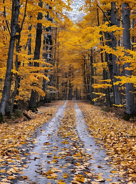 The golden path through the autumn forest