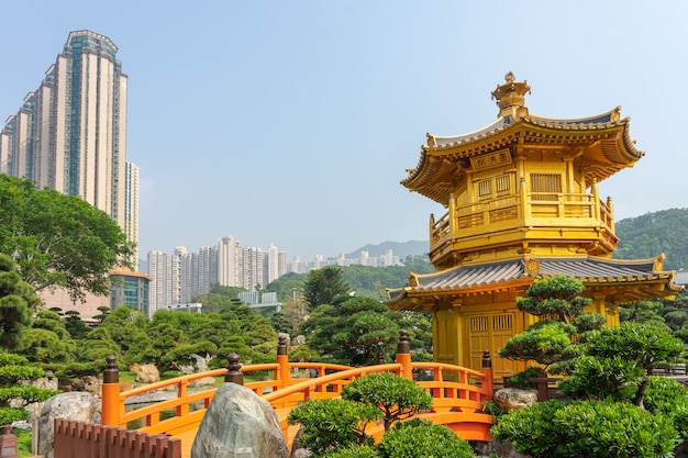 The Golden pavilion and gold bridge in Nan Lian Garden near Chi Lin Nunnery.