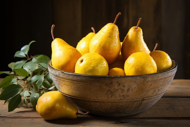 Golden Pears in a Rustic Wooden Bowl