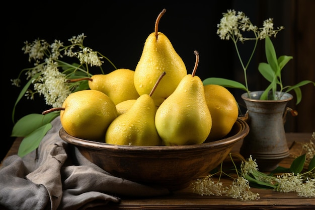 Golden Pears in a Rustic Wooden Bowl