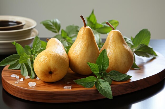 Golden Pears on a Wooden Platter with Cheese